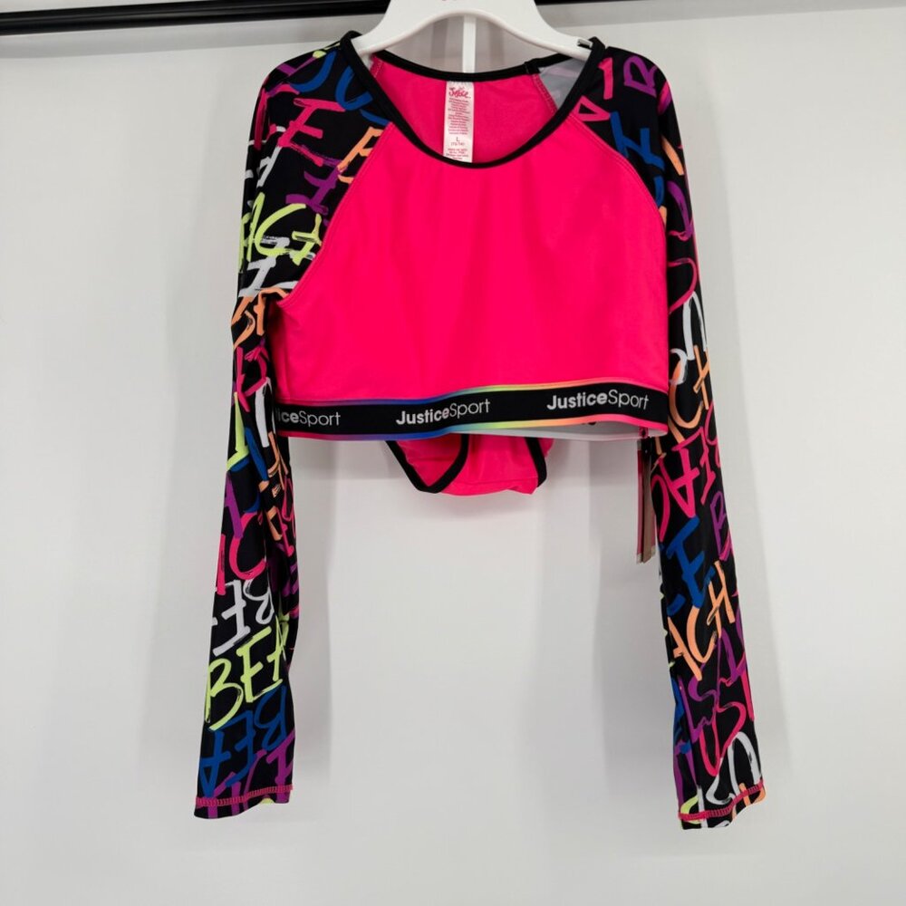 Justice Sport Girls Long Sleeve Crop Top & Bikini Set Large Pink size large - Picture 2 of 10